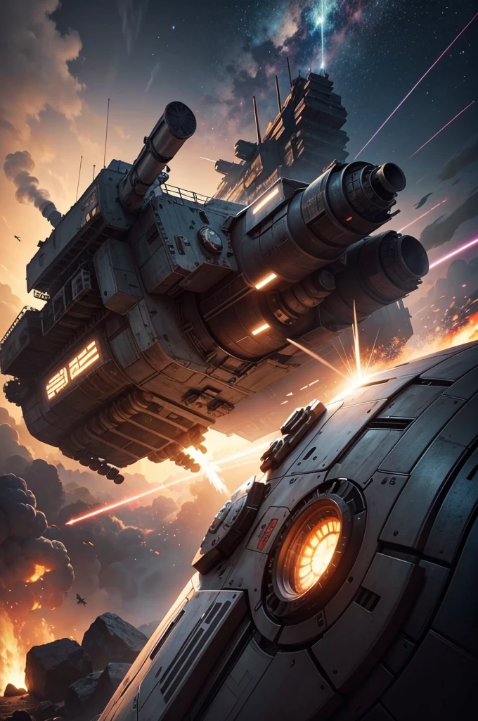 (((best quality))),(((ultra detailed))),(((masterpiece))),illustration,space battle,futuristic spacecrafts,sleek design,powerful cannon,determined pilots,battered ship,erratic weapon fire,dark background,flashes of weapons fire,engine trails,intense battle,hypnotic effect,survival stakes,excitement,tension,human ingenuity,exploration risks,sacrifices,raw power,indomitable spirit,unknown frontier