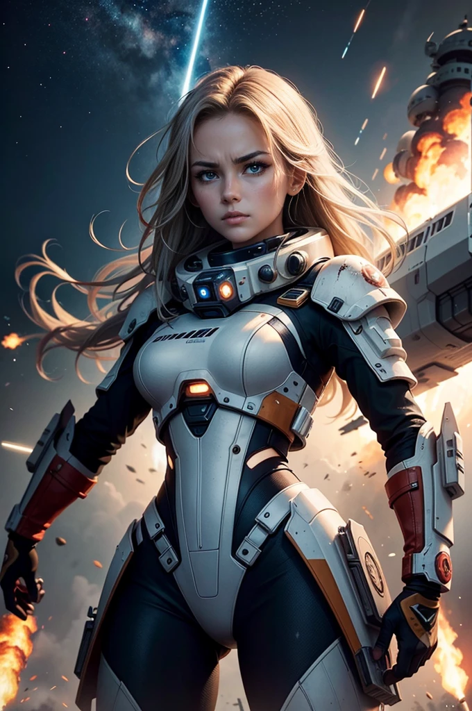(((best quality))),(((ultra detailed))),(((masterpiece))),illustration,space battle,futuristic spacecrafts,sleek design,powerful cannon,determined pilots,battered ship,erratic weapon fire,dark background,flashes of weapons fire,engine trails,intense battle,hypnotic effect,survival stakes,excitement,tension,human ingenuity,exploration risks,sacrifices,raw power,indomitable spirit,unknown frontier