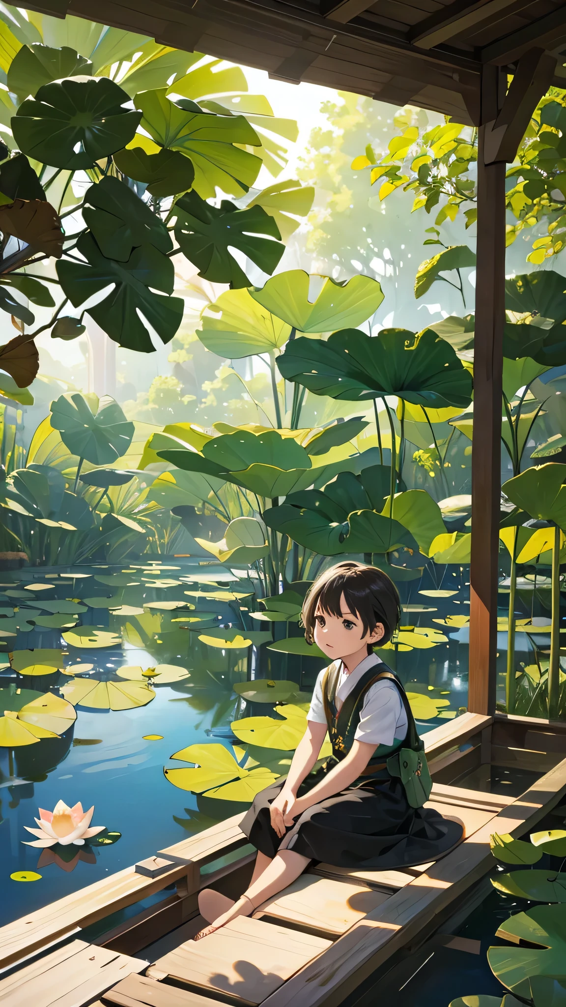 In the near distance is a lotus pond and in the far distance a child is sitting on a small boat