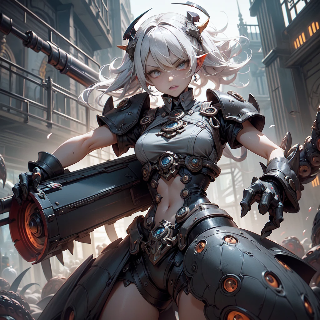 Ore shield Aegis platinum Robot steampumk Girl Automaton, dark mechanisms, an Aberrant Flail Weapon rests, A nightmare creation ready for action. This mangrove weapon is a grotesque monstrosity, with twisted tentacles that form the extension of the weapon. Each tentacle ends in an eyelid with sharp, fang teeth, projecting like lethal blades. The body of the weapon is adorned with manic eyes that are filled with stitched human arms and tentacles that writhe like serpents. Even though I'm chained, the Aberrant Mangual Weapon displays an expression of madness and extreme insanity, as if it were a living extension of the chaos that inhabits the dungeon. Your eyes shine with a disturbing intensity. The surrounding environment is threatening, with damp stone walls and a silence that seems oppressive. Flail's Aberrant Weapon is a cursed relic, A weapon that defies all notions of sanity and can unleash destruction at any time.