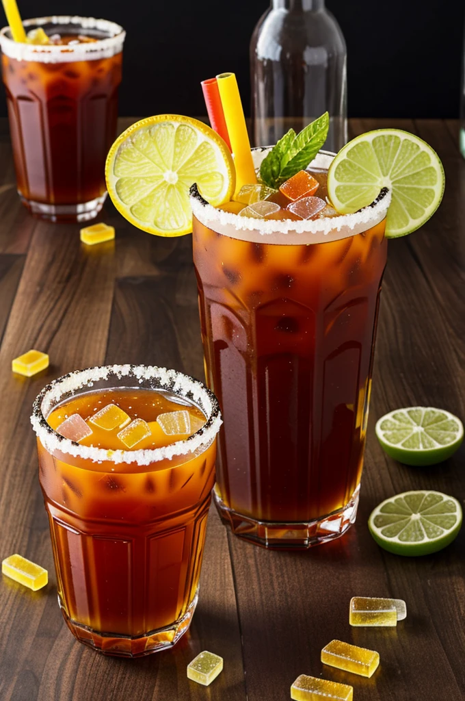 Logos with transparent glasses of flavored michelada with gummies on top