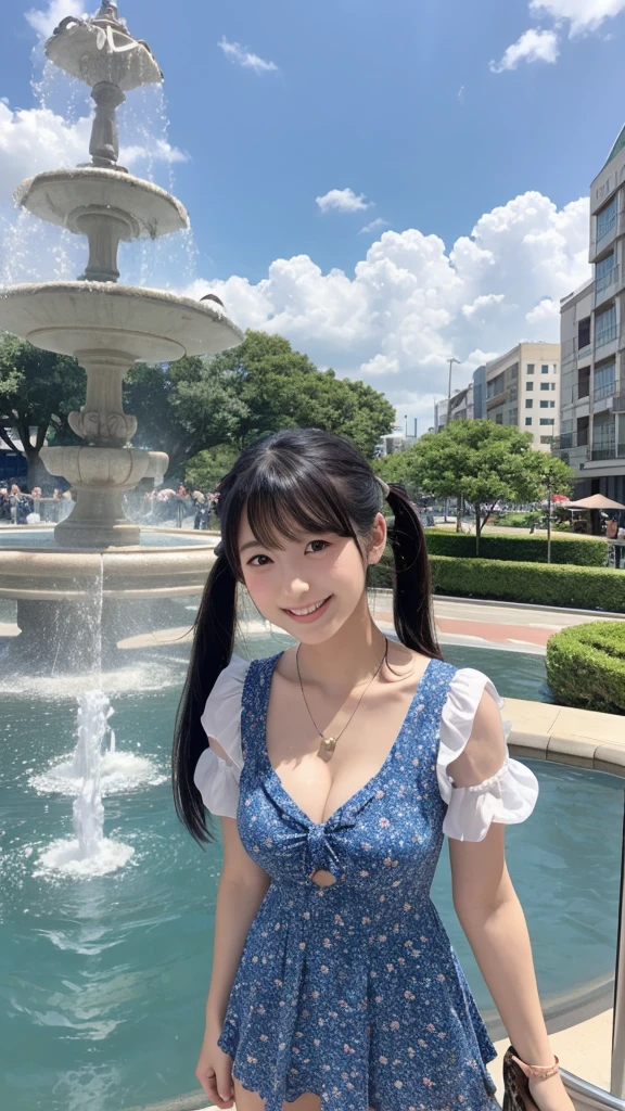 Japanese, high school girl, brown eyes, smiling face, young face, black hair, twin tails, blue ribbon hair ornament, cleavage, necklace, floral short-sleeved one-piece dress, cleavage, necklace, blue miniskirt, black socks, blue sandals, blue sky and white cumulonimbus clouds, standing in front of the fountain square, view of the entertainment district, promenade, nostalgic view, summer view, gravure photo shoot