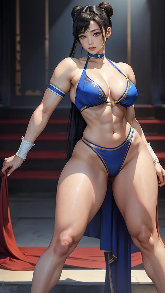 Chun-Li, wide hips, attractive, long legs, beautiful eyes, Beautiful whole body, small breasts, 섹시한 Chun-Li 의상, tempting, Abs, very voluptuous body type, very thick jangdanji, Very thick thighs, black hair, red eyes, thick skeleton