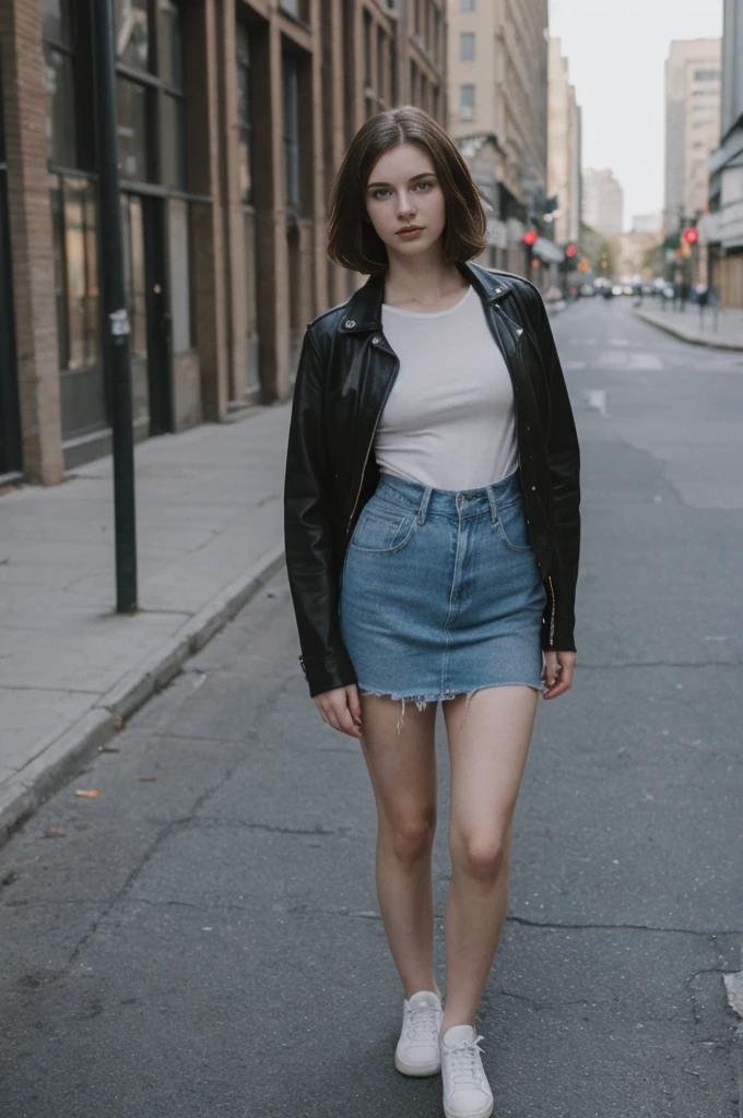 her name is Elektra, high quality, 1girl, ((20-year-old fit Caucasian woman)), ((20 years old)), ((fit)), ((pale skin)), short bob brunette hair, pose: standing, wearing edgy clothes, background: cityscapes