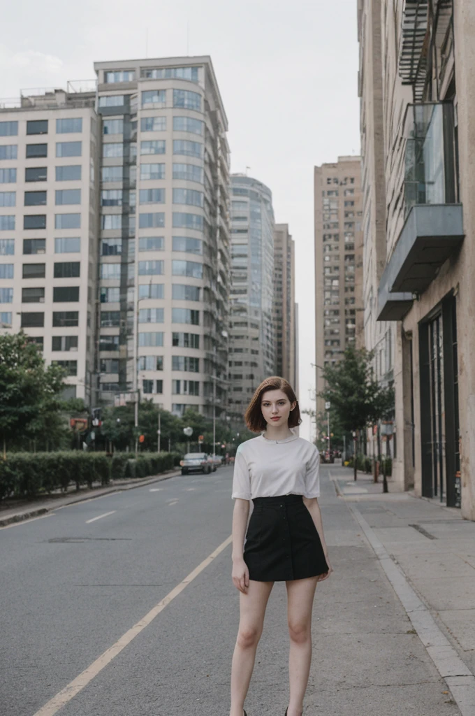 her name is Elektra, high quality, 1girl, ((20-year-old fit Caucasian woman)), ((20 years old)), ((fit)), ((pale skin)), short bob brunette hair, pose: standing, wearing edgy clothes, background: cityscapes