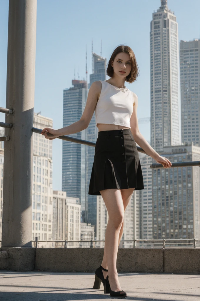 her name is Elektra, high quality, 1girl, ((20-year-old fit Caucasian woman)), ((20 years old)), ((fit)), ((pale skin)), short bob brunette hair, pose: standing, wearing edgy clothes, background: cityscapes