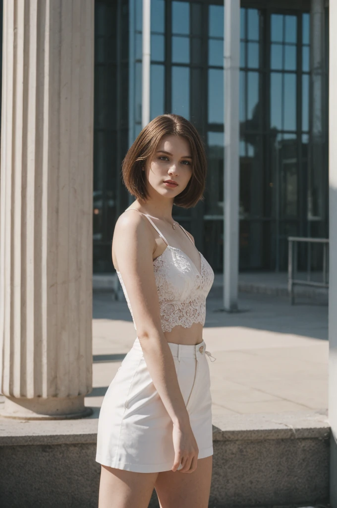 her name is Elektra, high quality, 1girl, ((20-year-old fit Caucasian woman)), ((20 years old)), ((fit)), ((pale skin)), short bob brunette hair, pose: standing, wearing edgy clothes, background: cityscapes