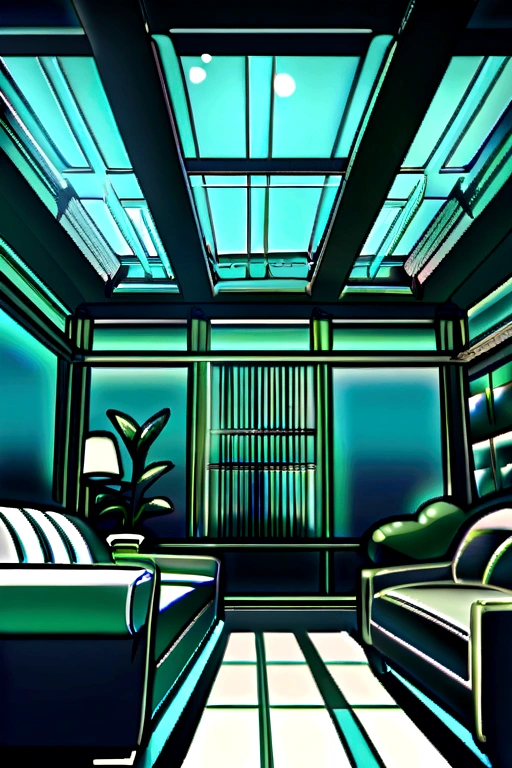 Modern lounge for office with cosy sofa decorative ambient lighting and ceiling with chandelier glass partition with emerald colour theme 