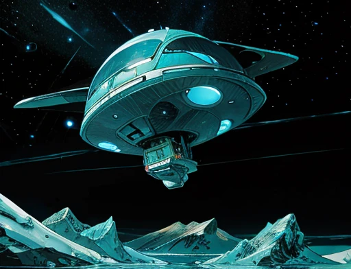 dynamic photography. Spaceship flying low over icy mountains