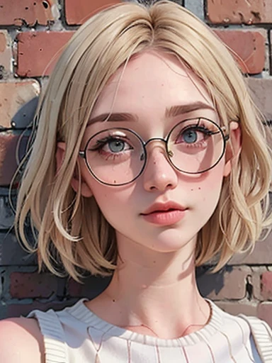 dynamic close-up of the upper part of 1 Russian Woman with freckles, extremely albino, extremely thin and beautiful, perfect body, well-shaped face, skin with highly detailed depth, she is Leaning against a brick wall, (haircut, wavy hair and blondes), (detailed, large, bright eyes, light brown eyes, curled eyelashes, large glasses), (sensuously pouting with mouth), wearing a short sweater showing off the shoulders, ultra realistic, vibrant and pointed image, dynamic vision, high quality 32k, hyper-realistic, cinematic.