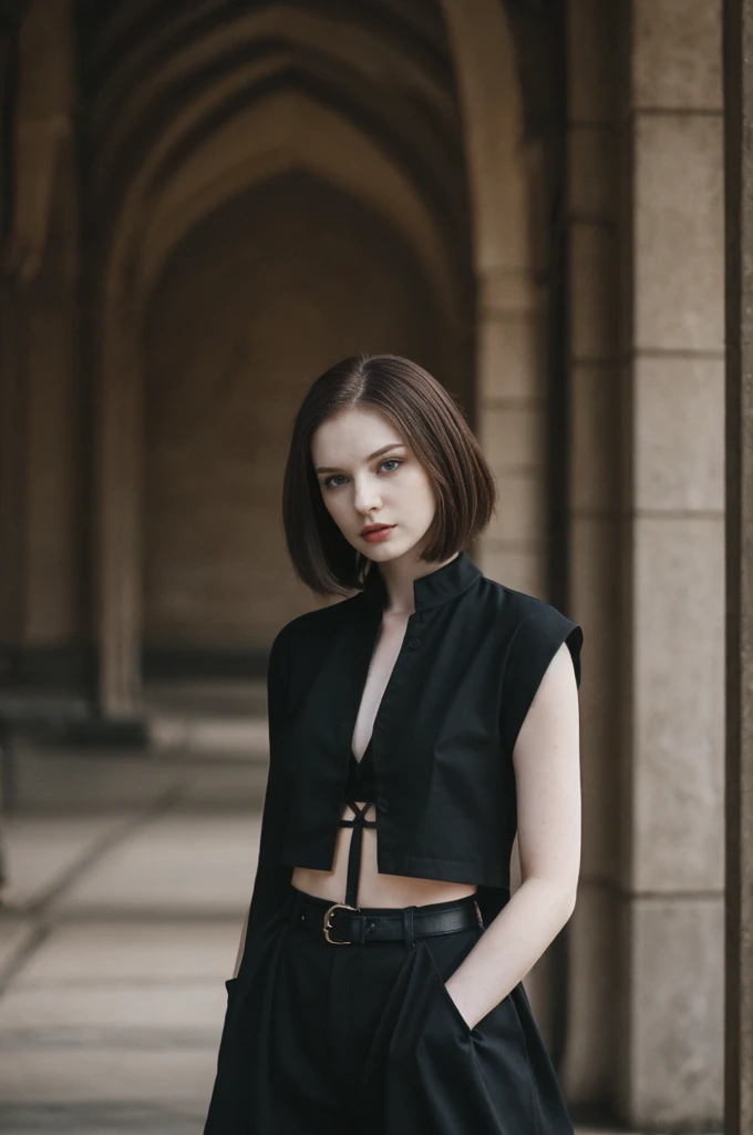 her name is Elektra, high quality, 1girl, ((20-year-old fit Caucasian woman)), ((20 years old)), ((fit)), ((pale skin)), short bob brunette hair, pose: standing, wearing edgy gothic clothes, background: cityscapes