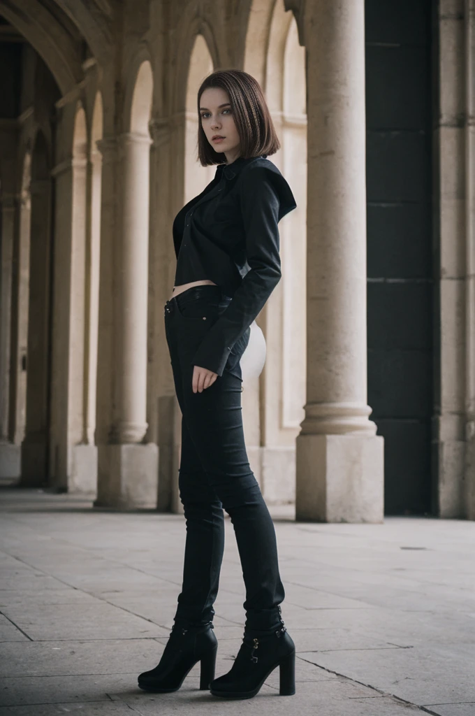 her name is Elektra, high quality, 1girl, ((20-year-old fit Caucasian woman)), ((20 years old)), ((fit)), ((pale skin)), short bob brunette hair, pose: standing, wearing edgy gothic clothes, background: cityscapes