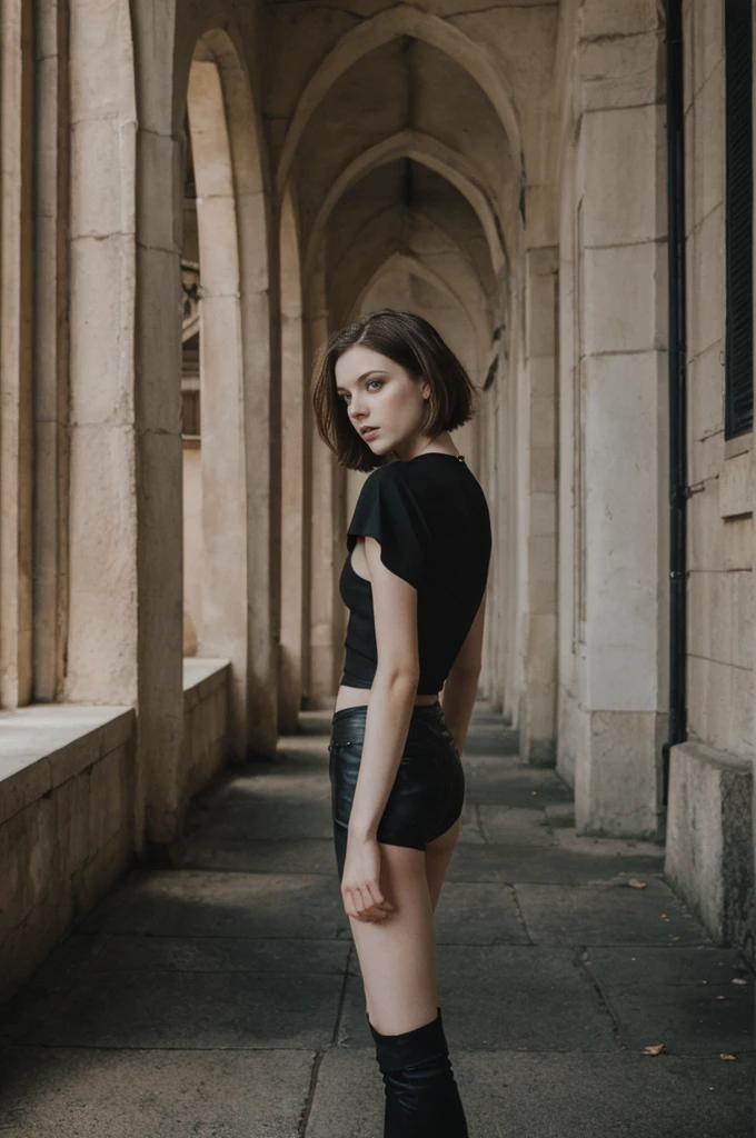 her name is Elektra, high quality, 1girl, ((20-year-old fit Caucasian woman)), ((20 years old)), ((fit)), ((pale skin)), short bob brunette hair, pose: standing, wearing edgy gothic clothes, background: cityscapes