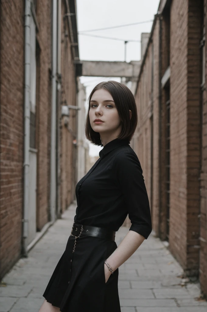 her name is Elektra, high quality, 1girl, ((20-year-old fit Caucasian woman)), ((20 years old)), ((fit)), ((pale skin)), short bob brunette hair, pose: standing, wearing edgy gothic clothes, background: cityscapes