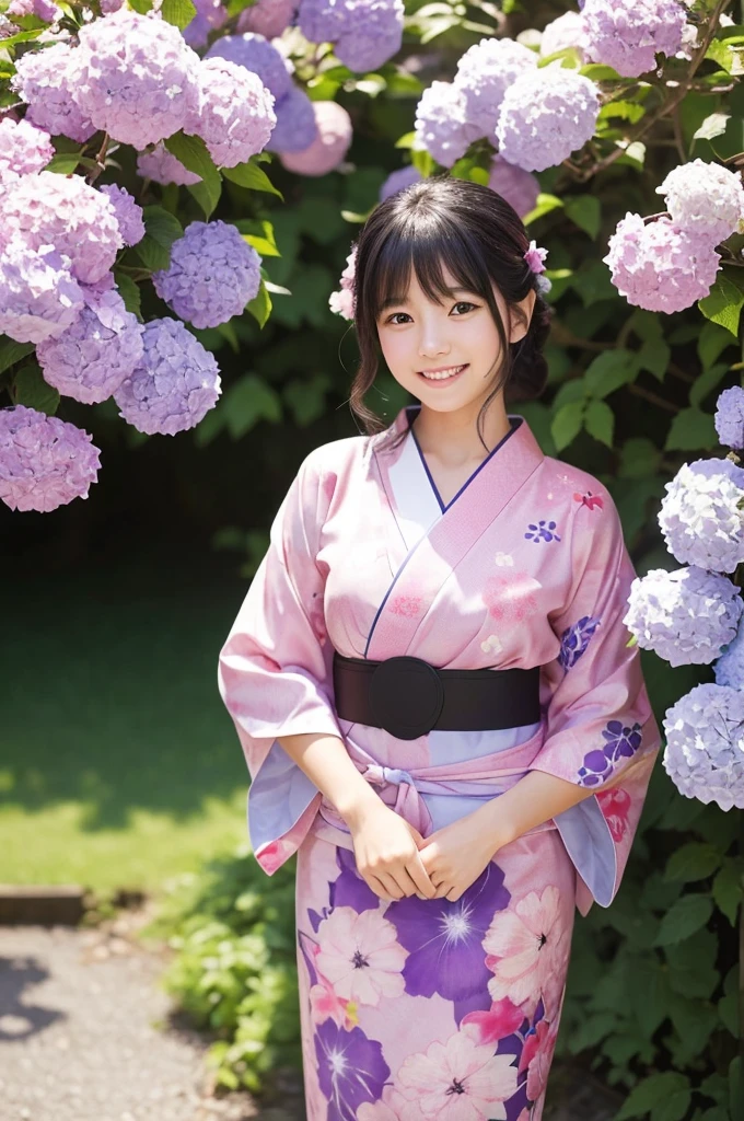 The image shows a beautiful Japanese girl wearing a thin yukata.。She was wearing a soft pink yukata.、The yukata is decorated with cherry blossom patterns.。The belt is bright blue、It creates a beautiful contrast with the pink of the yukata.。
Her hair is black、It is simply put together、Bangs naturally fall on the forehead。Her face is bright、A natural smile is very attractive。Eyes are large、long lashes、The eyes are clear black。This smile and sparkle in your eyes、It enhances her innocent and pure beauty.。
She is standing near a hydrangea flower、Reaching out to touch the leaves。Lush trees in the background々is spreading、It seems that the photo was taken in nature.。The purple of the hydrangea and the pink of the yukata are in harmony.、Overall, it creates a beautiful balance of colors.。
her pose is relaxed、I feel like I am being natural.。The fabric of the yukata is thin.、It's so soft you can almost feel it swaying in the wind.。このCostumeが彼女の清楚で優雅な印象をさらに強調しています。
as a whole、This image beautifully captures the natural beauty and traditional Japanese aesthetic.、It is a piece that gives comfort and inspiration to the viewer.。Her smile、Costume、The natural background blends in、It creates a very attractive and visually immersive look.。