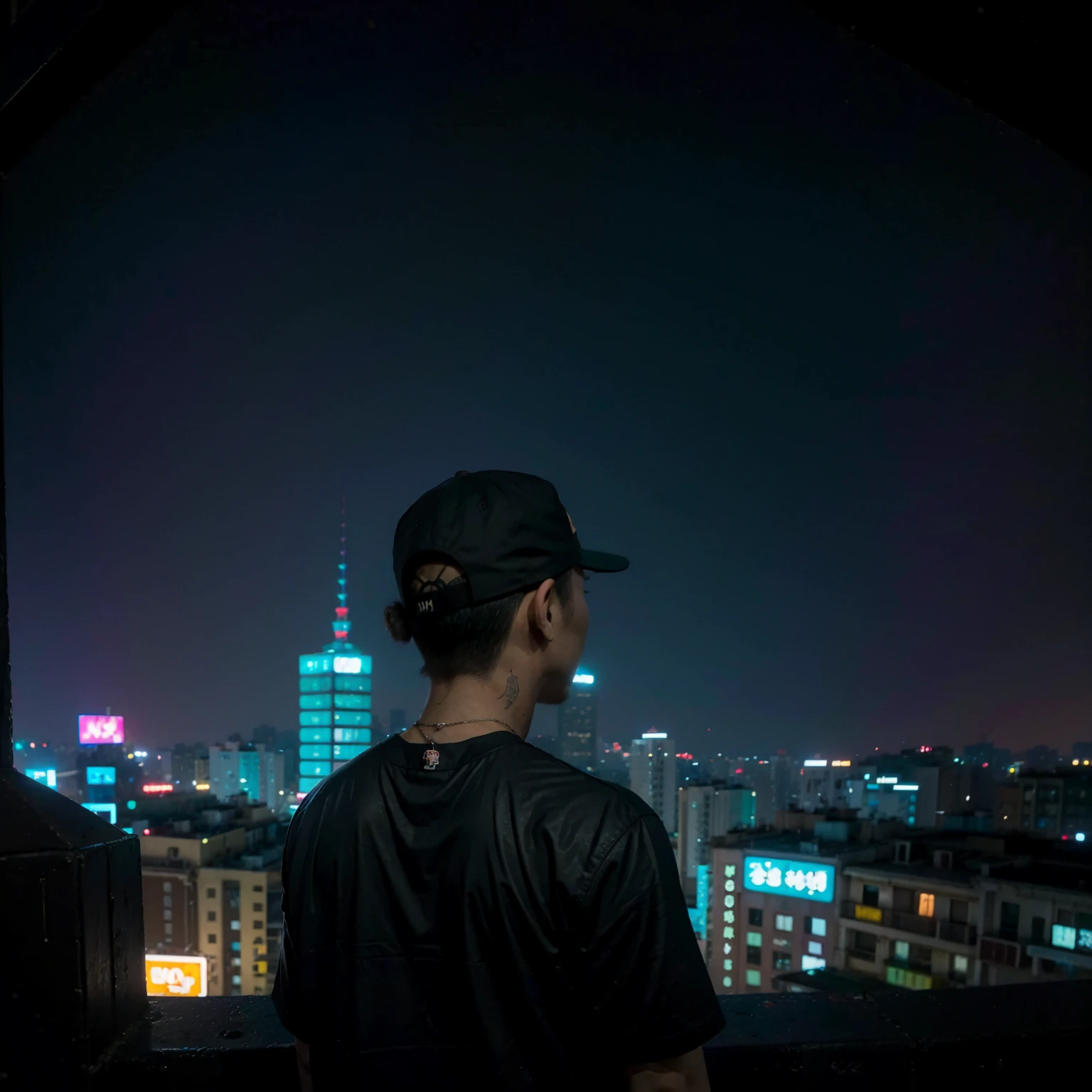 night, neon light, (taipei downtown scenery), (strong tall asian rapper wearing edg90hh_clothing silhouette from back, from behind), (city skyline)

