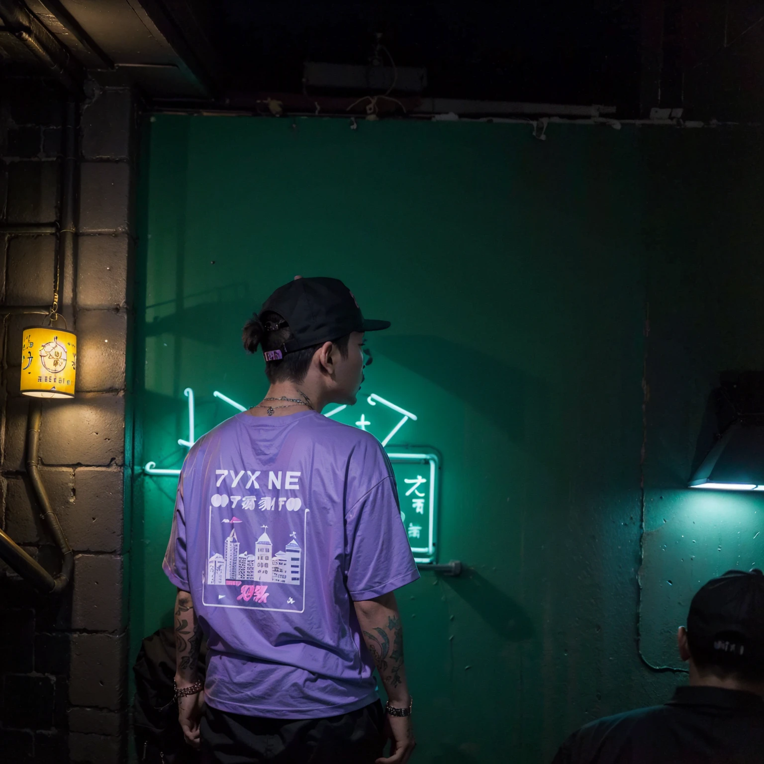 night, neon light, (taipei downtown scenery), (strong tall asian rapper wearing edg90hh_clothing silhouette from back, from behind), (city skyline)

