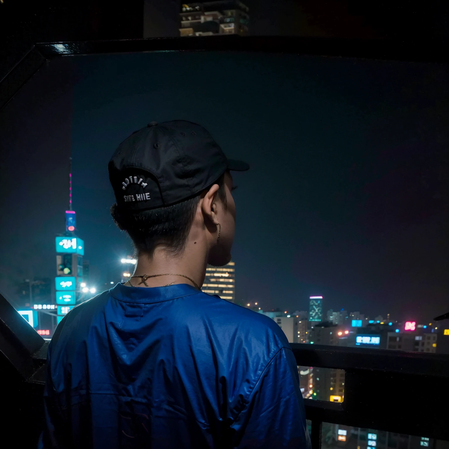 night, neon light, (taipei downtown scenery), (strong tall asian rapper wearing edg90hh_clothing silhouette from back, from behind), (city skyline)

