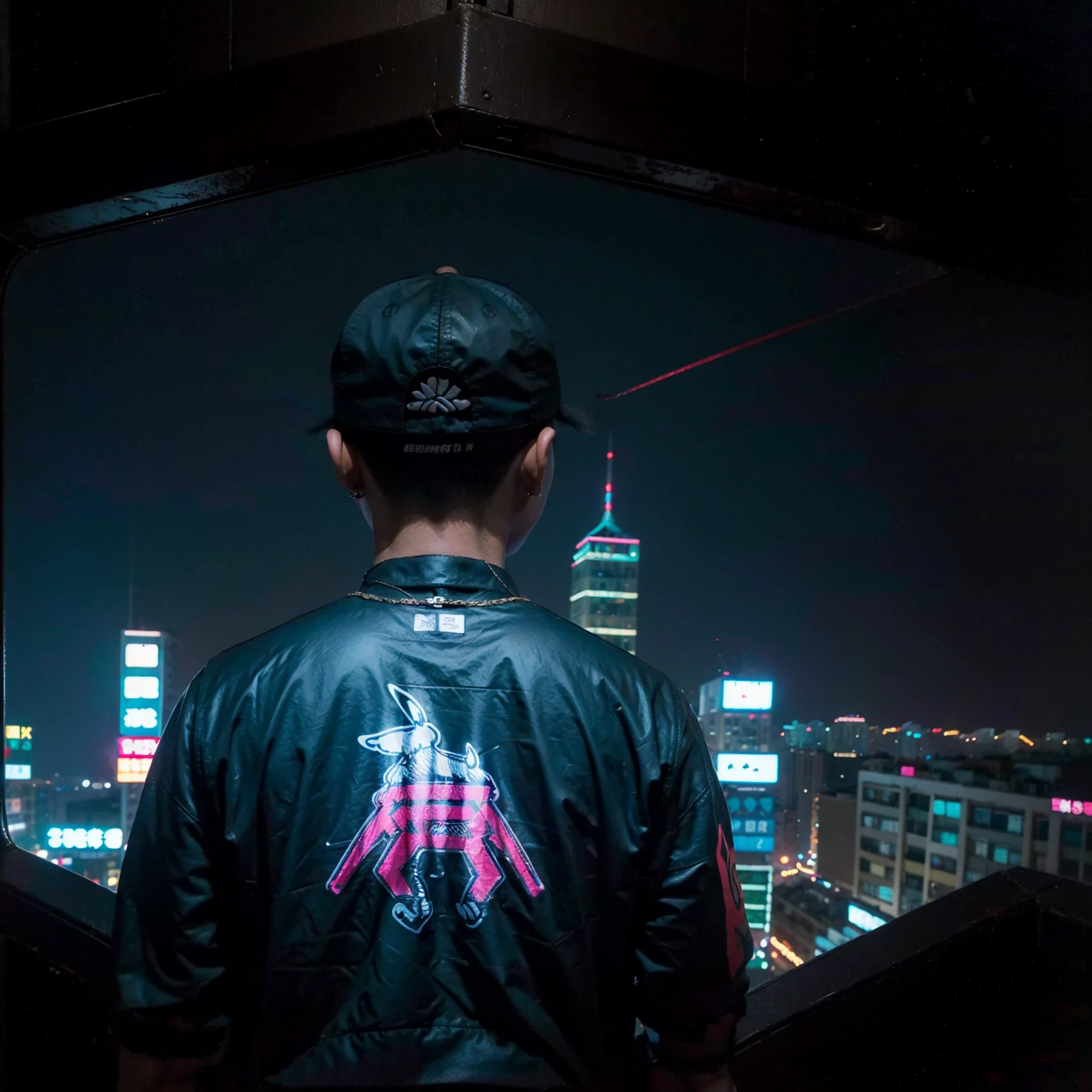 night, neon light, (taipei downtown scenery), (strong tall asian rapper wearing edg90hh_clothing silhouette from back, from behind), (city skyline)

