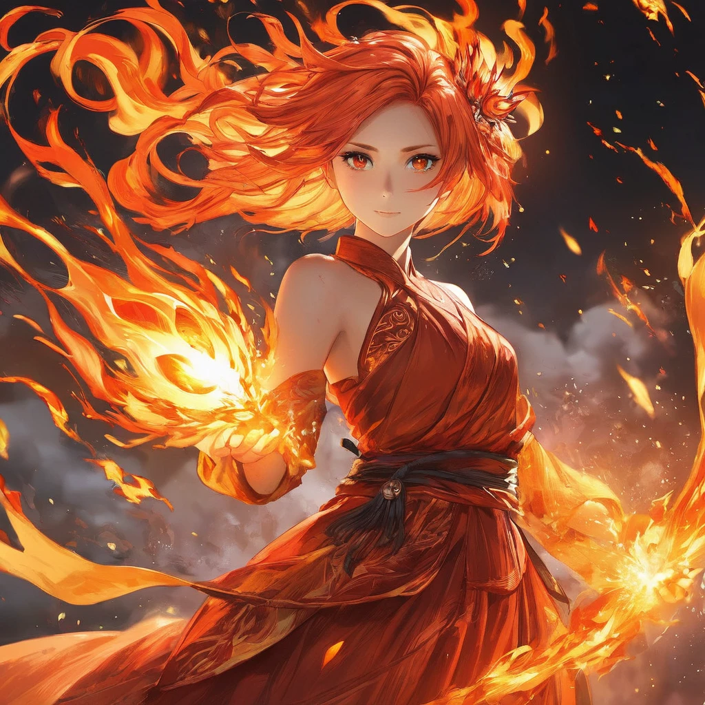 One girl, Female Fire Spirit, Fire-colored hair, Internal Fire, Put a few drops of sparks on your skin,