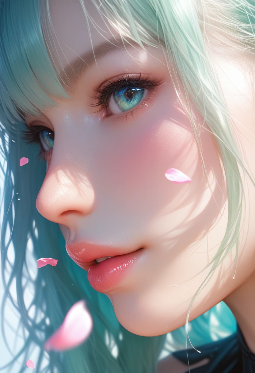 score_9, score_8_up, score_7_up, Girl's profile picture, light green long hair with bangs, light blue petals on cheeks, realistic skin texture, detailed picture, close-up, HD32k