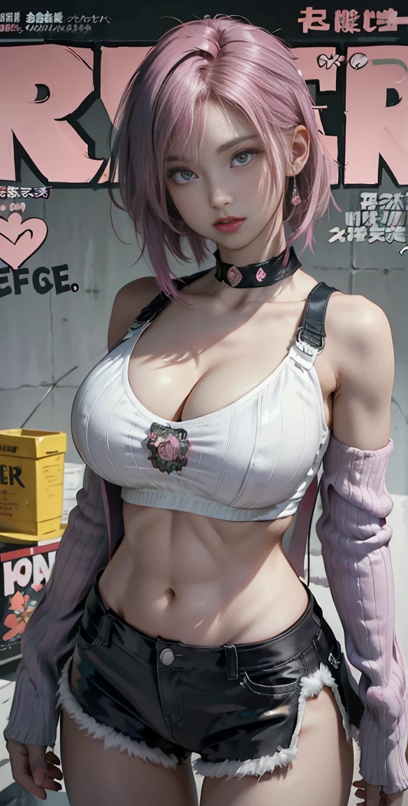 Best quality, Works of masters, A high resolution, 1girl, Super beautiful face, super beautiful eye, Super beautiful pink mohawk hair，(MagazineCover:1.2)，Trendy Harajuku-inspired rock outfits，Expose shoulders, accentuated super huge enormously gigantic , cleavage showing, short pant