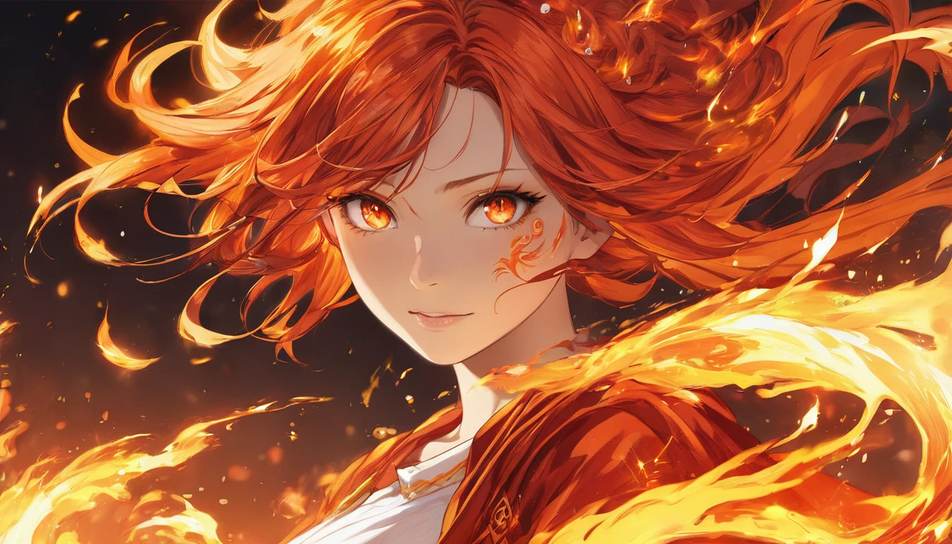 One girl, Female Fire Spirit, Fire-colored hair, Internal Fire, Put a few drops of sparks on your skin,