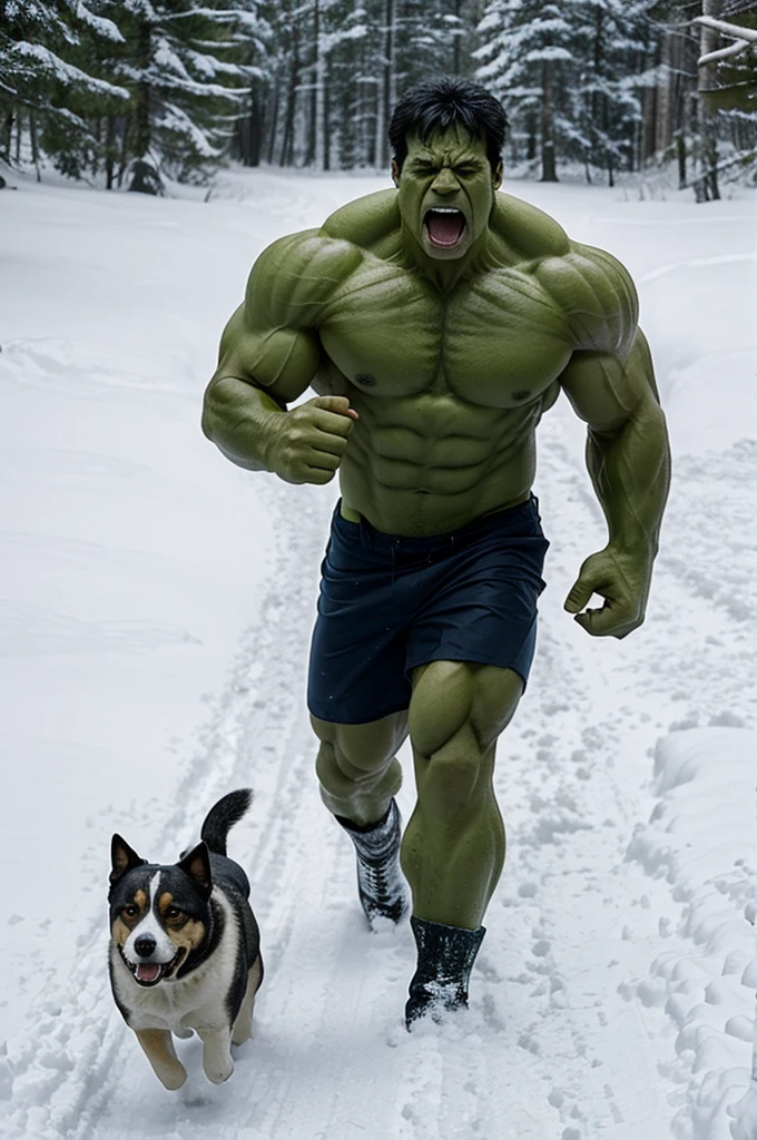 Generate an image about a dog being in the snow with the hulk