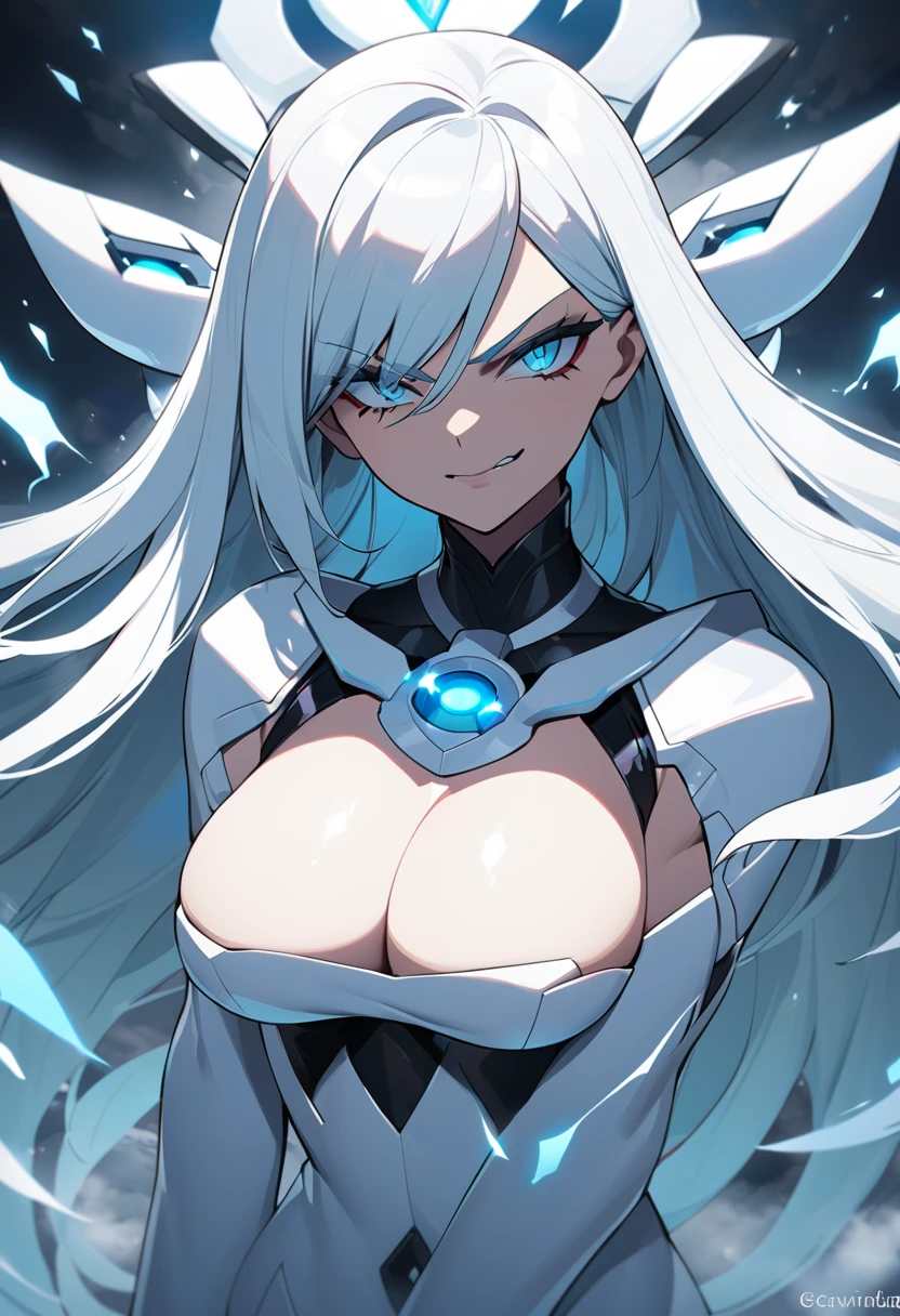 Lusamine, Pokémon ,breasts big,big boobies, curvilhada,serious look, cold stare,macabre smile 