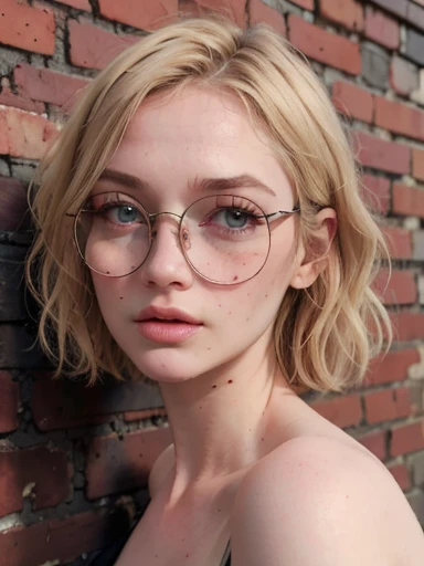 dynamic close-up of the upper part of 1 Russian Woman with freckles, extremely albino, extremely thin and beautiful, perfect body, well-shaped face, skin with highly detailed depth, she is Leaning against a brick wall, (haircut, wavy hair and blondes), (detailed, large, bright eyes, light brown eyes, curled eyelashes, large glasses), (sensuously pouting with mouth), wearing a short sweater showing off the shoulders, ultra realistic, vibrant and pointed image, dynamic vision, high quality 32k, hyper-realistic, cinematic.