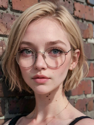 dynamic close-up of the upper part of 1 Russian Woman with freckles, extremely albino, extremely thin and beautiful, perfect body, well-shaped face, skin with highly detailed depth, she is Leaning against a brick wall, (haircut, wavy hair and blondes), (detailed, large, bright eyes, light brown eyes, curled eyelashes, large glasses), (sensuously pouting with mouth), wearing a short sweater showing off the shoulders, ultra realistic, vibrant and pointed image, dynamic vision, high quality 32k, hyper-realistic, cinematic.