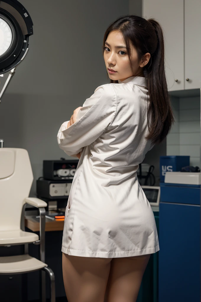 [[((young attractive Asian woman:1.5)), ((Sophie Tan:1.4)), standing in a medical examination room, with her back to the camera. She is wearing ((a tight doctor's coat with a short skirt that has blown up, exposing her buttocks, paired with high heels and a stethoscope:1.2)). Her hair is styled in a sleek ponytail, and she has a seductive, intense gaze over her shoulder. The background features medical equipment, an examination table, and medical charts. The scene is captured with a ((mirrorless camera:1.2)) using a ((50mm prime lens:1.2)) to keep the woman in sharp focus while the background is slightly blurred. Post-production enhances the natural colors and adds a ((soft bokeh effect:1.1)) to the background. The image should be in ((8K resolution:1.1)) with ((hyper-realistic detail:1.3)). The backdrop highlights the medical examination room with detailed textures of equipment and charts. The focus is on the woman's blown-up doctor's skirt and seductive, intense gaze. Bright medical lighting is used with slight enhancements to create a clean and professional atmosphere, with a ((soft bokeh effect:1.1)) on the background, enhanced vibrancy, and high contrast to make the scene pop. She is standing with one hand on her hip, looking seductively over her shoulder, exuding confidence and allure, embodying doctor chic.]]