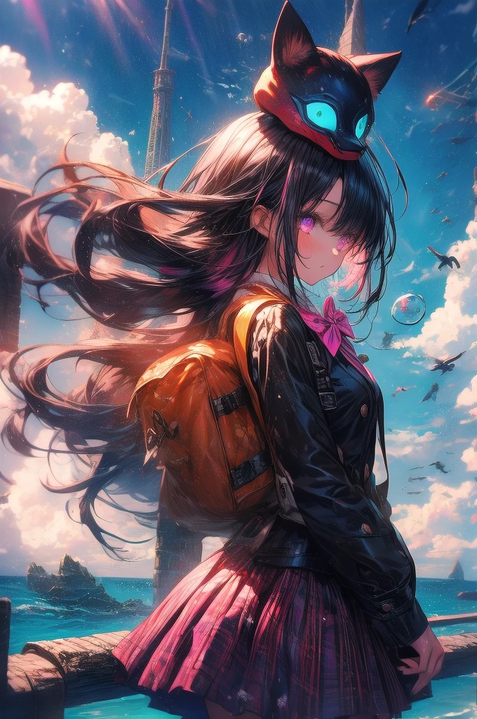 (One girl, size), (guitar alone), bubble skirt, aqua shirt, bow, bowtie, button, collared shirt, Expressionless, Eyebrows hidden by hair, fox mask, Cowboy Shot, Long Hair, Long sleeve, mask, multicolored button, Pink Eyes, Pink Hair, orange skirt, Plaid, Plaid shirt, purple bow, purple bowtie, shirt, skirt, alone, very Long Hair, Ocean, Ocean, Beach, cloudy, sunlight, evening, moon, cloud, null, Outdoor, cloudy null, leaf, Remains, Sunbeam, Post-apocalyptic, Side view