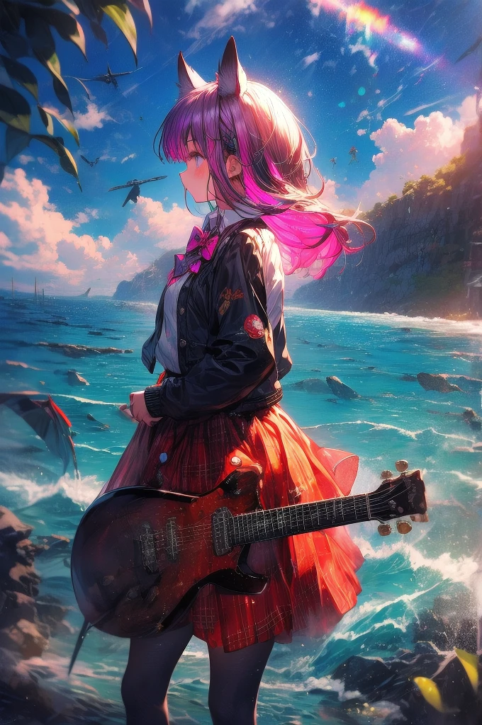 (One girl, size), (guitar alone), bubble skirt, aqua shirt, bow, bowtie, button, collared shirt, Expressionless, Eyebrows hidden by hair, fox mask, Cowboy Shot, Long Hair, Long sleeve, mask, multicolored button, Pink Eyes, Pink Hair, orange skirt, Plaid, Plaid shirt, purple bow, purple bowtie, shirt, skirt, alone, very Long Hair, Ocean, Ocean, Beach, cloudy, sunlight, evening, moon, cloud, null, Outdoor, cloudy null, leaf, Remains, Sunbeam, Post-apocalyptic, Side view