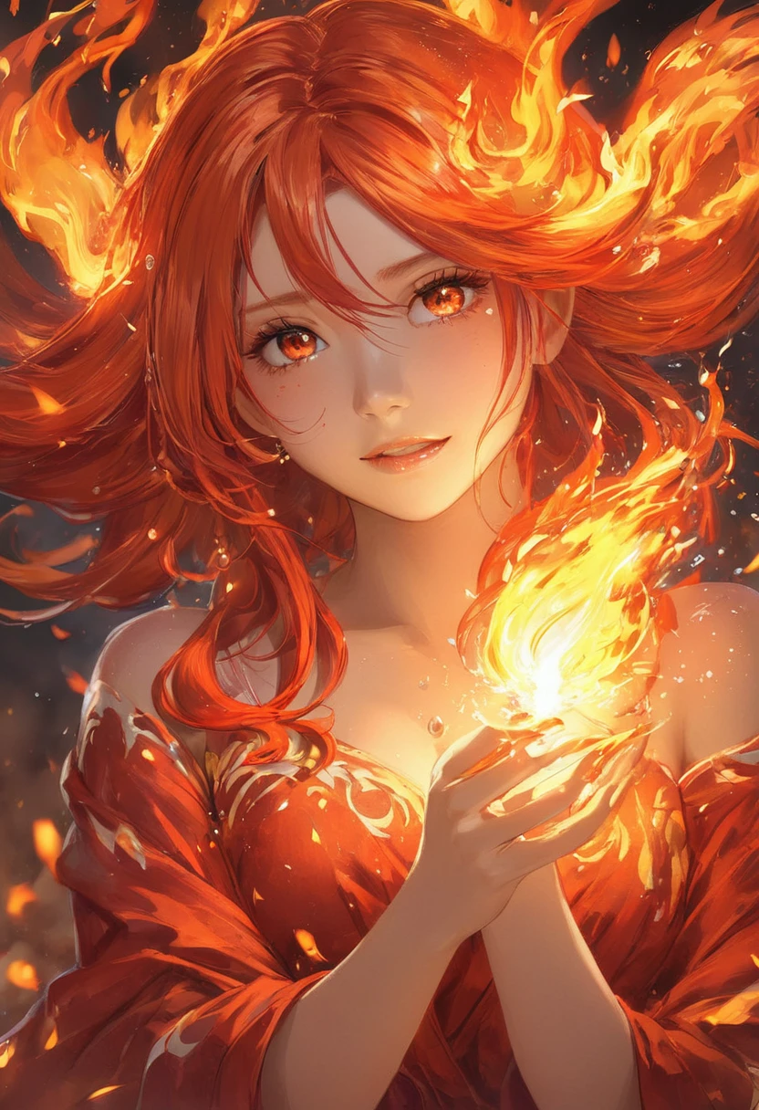 One girl, Female Fire Spirit, Fire-colored hair, Internal Fire, Put a few drops of sparks on your skin,