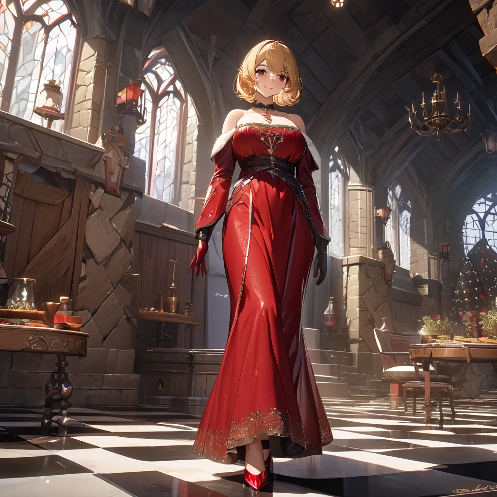 a woman wearing a sophisticated red dress, exposed shoulders, big breasts, blonde hair, short hair, red eyes, red gloves, red heels, smiling, walking in a sophisticated room with medieval aesthetics, medieval decor, shiny checkered floor.UHD , prime work , accurate , anatomically correct , textured skin , super details , high quality , best quality, 8k, high resolution, bokeh effect. (woman alone),
