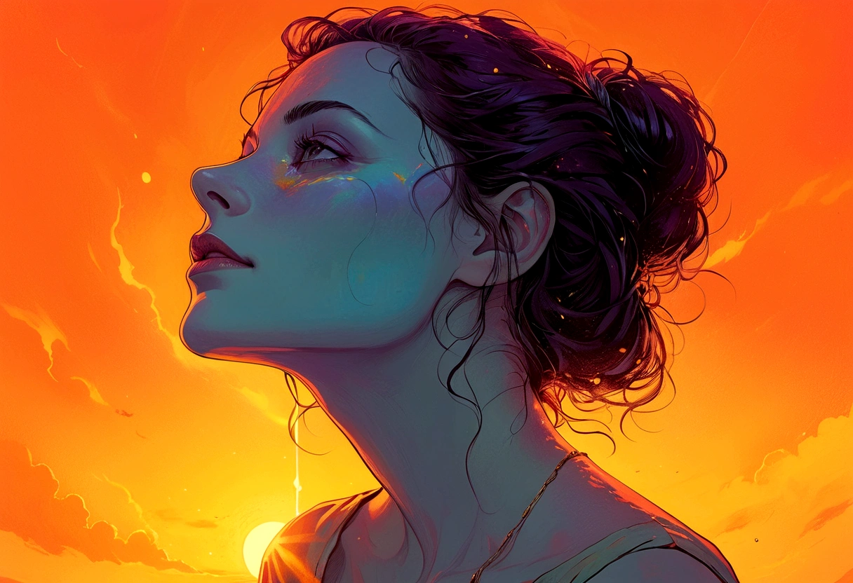 minimal, hand traced figure, 90's comic, thermal iridescence effect, rich warm color grading, splash page, ageless widow, maximal moody, tragically dark, difficult, jaded old soul, disarmingly touched by change, contradictory spirit, jarring soulful, fearless eccentric, wry subtle unknown smile, candid portrait, carefree, perfection, flawless, eternal ember, transient fragility, smoldering, empty wish for a different outcome, offbeat off-kilter, unsafe harbor, cruelest unjust twist, darkness consumes hope, ripped away too soon, aching void, abrupt taken, absence heartache, softness, maximal tragic beauty, pain preventing sunrise, encumbered, mental subliminal confines, gratitude, kindness as a weapon, nuanced meticulous traced, solace, sorrowful grace, despair beyond her ownership, inevitable fate, favored timeless, subliminal sorcery, piercing gaze, numb stare, digital entropy, electronic decay, unseen overwhelming maximal intensity, VHS, glitch, distorted, nostalgia, 90's retro, light mask uv rays across face, in memory, may cherished soul find peace
