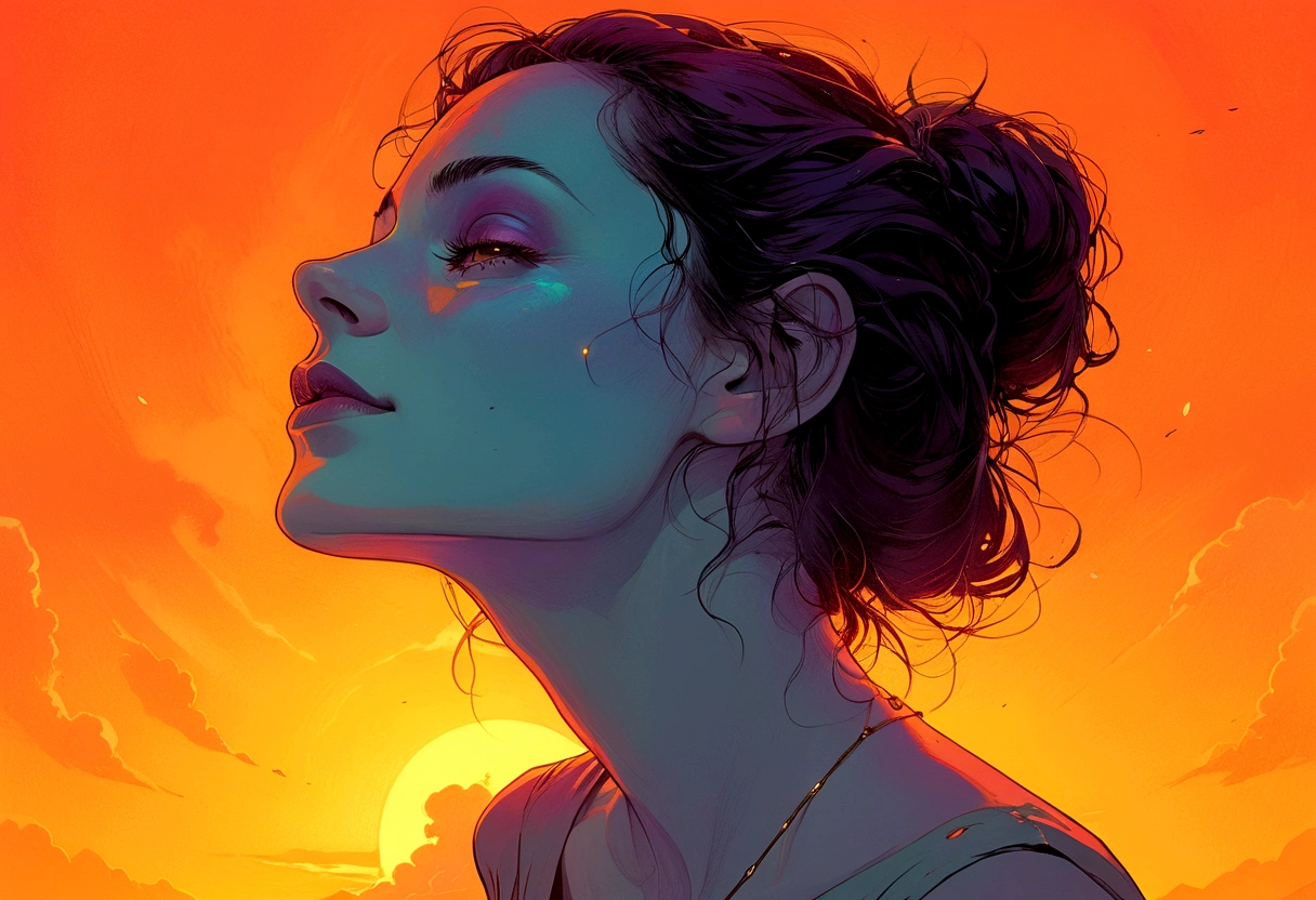 minimal, hand traced figure, 90's comic, thermal iridescence effect, rich warm color grading, splash page, ageless widow, maximal moody, tragically dark, difficult, jaded old soul, disarmingly touched by change, contradictory spirit, jarring soulful, fearless eccentric, wry subtle unknown smile, candid portrait, carefree, perfection, flawless, eternal ember, transient fragility, smoldering, empty wish for a different outcome, offbeat off-kilter, unsafe harbor, cruelest unjust twist, darkness consumes hope, ripped away too soon, aching void, abrupt taken, absence heartache, softness, maximal tragic beauty, pain preventing sunrise, encumbered, mental subliminal confines, gratitude, kindness as a weapon, nuanced meticulous traced, solace, sorrowful grace, despair beyond her ownership, inevitable fate, favored timeless, subliminal sorcery, piercing gaze, numb stare, digital entropy, electronic decay, unseen overwhelming maximal intensity, VHS, glitch, distorted, nostalgia, 90's retro, light mask uv rays across face, in memory, may cherished soul find peace