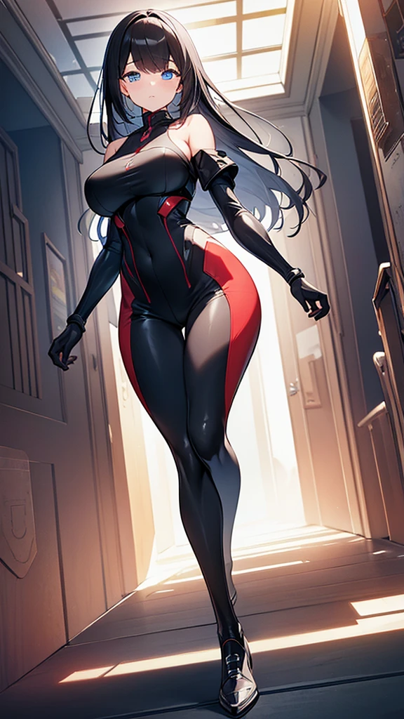 (Highly detailed CG Unity 8k wallpaper,masterpiece, Biological, whole body),(Best lighting, Best Shadow, Very delicate and beautiful),(One girl),blue eyes, Big Breasts, Black Hair,Red and black off-the-shoulder SF bodysuit,Neck Seal,High-tech sci-fi corridor, Dynamic pose, Detailed Machinery, Sleek design., {{An extraterrestrial lifeform preys on girls and takes their place、Her breasts are bigger than a real girl's}}, Unknown sensation, Feels good, Vigorous movement, more, instinct, Female fall, Bouncing chest, loose, loose, Next to a real girl skeleton, NSFW