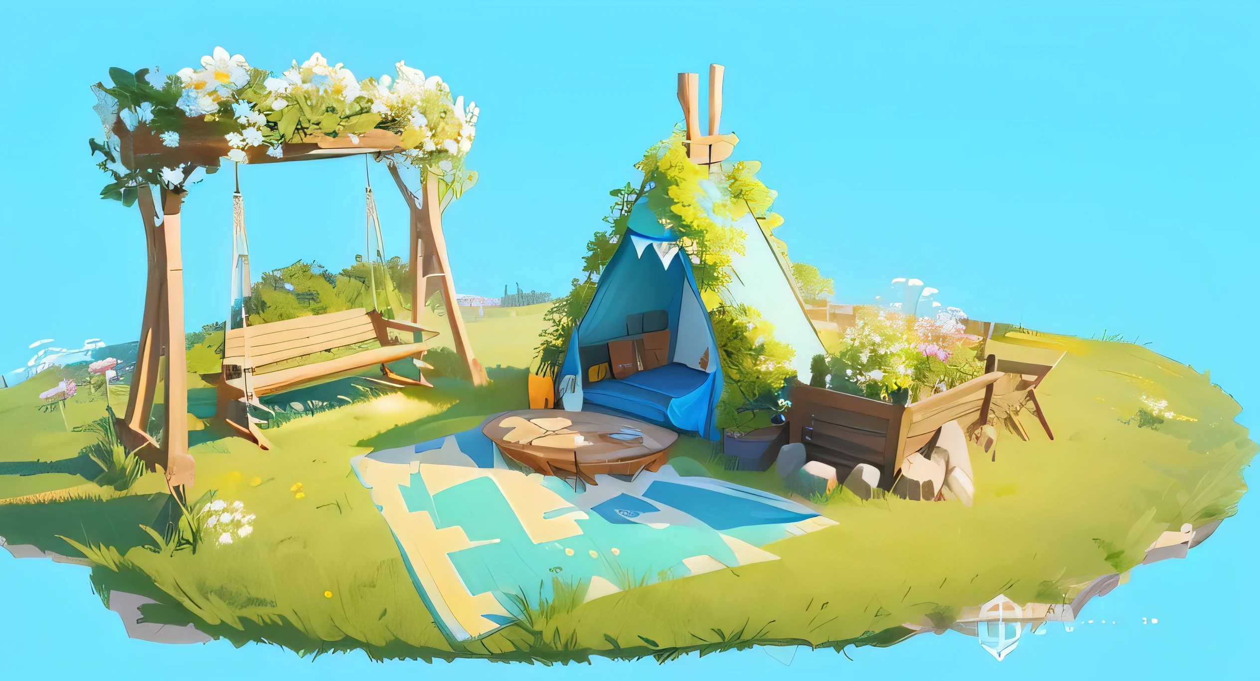 There is a small tent with a swing and picnic table,Behind is the blue sky and white clouds，Sunny weather， Relaxation concept art, stylized concept art, environment design illustration, Stylized game art, Game assets, 3 d stylize scene, !Dream concept art, painted as a Game Concept art, background technology, Flower environment, scenery Game Concept art, Colorful concept art, Game Concept