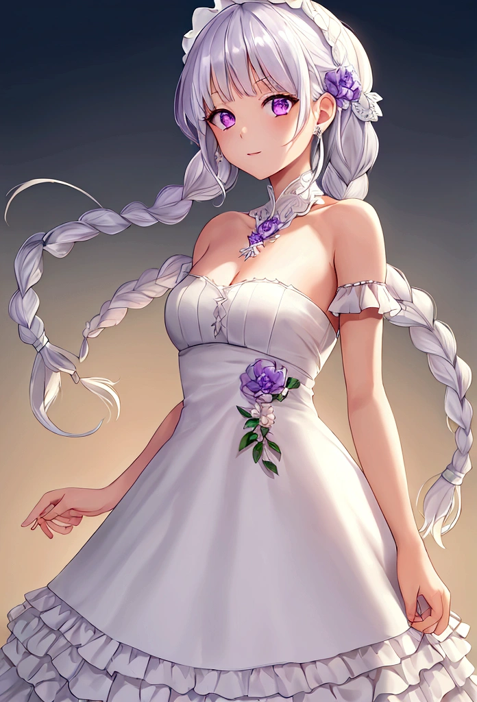 1 girl,high resolution,  high quality,  Masterpiece, mxmkWhiteDress,  bare shoulder, purple eyes, White dress, braid