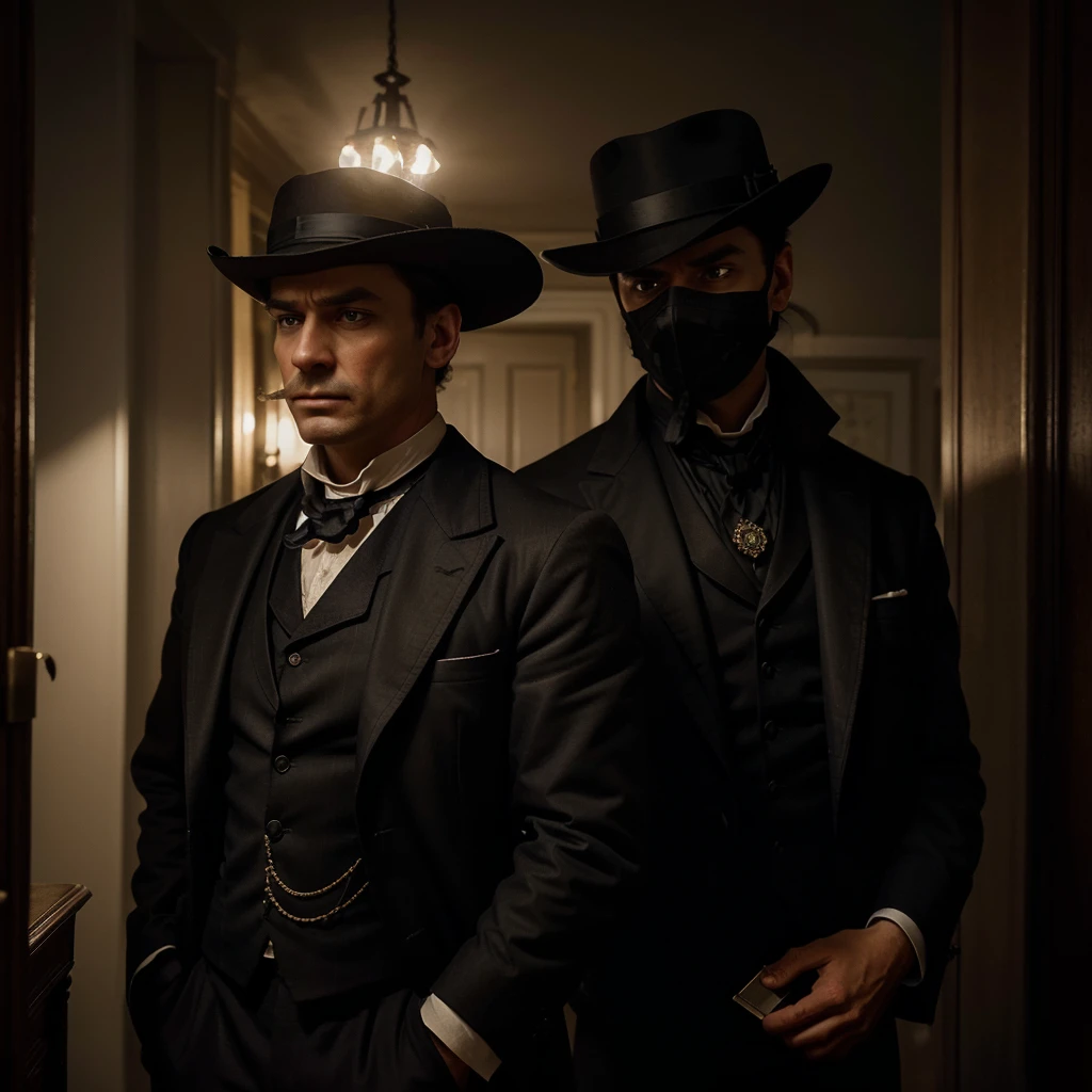 Generate an image of a Victorian-era detective, Detective Alexander Hartley, with furrowed brows, standing in a dimly lit room, examining a mysterious letter adorned with an emblem reminiscent of a masked figure. Capture the intensity in his eyes as he contemplates the challenge posed by the emblem.