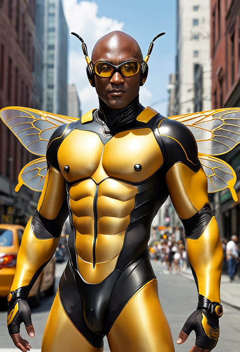 ((absurdres)) perfect whole body, ultra photorealistic, top quality, Photorealistic, ((16k UHD)) High Definition, high-res, ultra sharp, masterpiece, the best quality, intricate details, detailed eyes, perfect face detailed face, (((in a capital city town))) orange goggles, masterpiece, highly detailed exquisite character art, perfectly detailed anatomy, detailed body, detailed pecs, hyper pecs, thick thighs, (((sunny weather))) (((natural lights))), ultra-realistic, (((1male))) ((tall muscular man male humanoid)), bald, humanoid yellow skin, bee anatomy, deity, god of honey bees, humanoid black & yellow skin tone, yellow hue, powerful humanoid appearance, compound eyes, stinger, abdomen, metallic scales, scales. Metallic armour, wings, elf ears, glossy skin, large smirking face, flying in the sky, mandibles, Antenna, honey, ((male muscular stripe black & yellow humanoid insect honey bee)) (((yellow skin))), (((black skin)))
