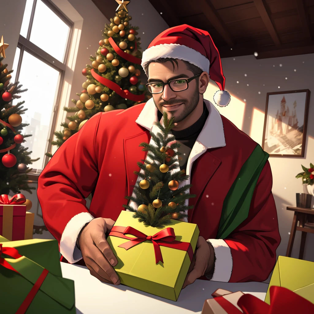 1 man, solo, masterpiece, best quality, highres, upper body shot, ultra detailed, ((wide angle)), middle-aged man, daddy, hunk physique, beefy, burly, hairy, manly, really tall, black hair, wearing a red and green Christmas sweater, red trousers, wearing glasses, wearing red Santa's Chirstmas hat, cheerful smirk, holding a big Christmas present, Winter, indoors, snowing, window in the background, small Christmas tree in the background, incredible composition, HDR, volumetric lighting, shadows, , aesthetic
