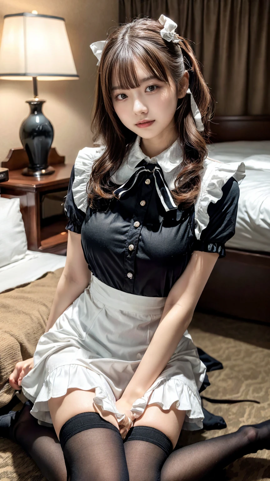 (8K, RAW Photos, Highest quality, masterpiece:1.2), (professional photography, full colors, studio-caliber color grading), (Gravure quality for high-end fashion magazines), close up, BREAK,18 year old girl, short hair, (wavy hair:1.2), ponytail, crying a little, Harajuku style, Big Natural Color Lip, (Plumpy body:1.2), (smooth skin:1.1 (huge breasts:1.2 BREAK (bow ribbon, Maid, knee high socks:1.3  Aside Cutter Shirt, frill skirt, BREAK (hotel room:1.2)