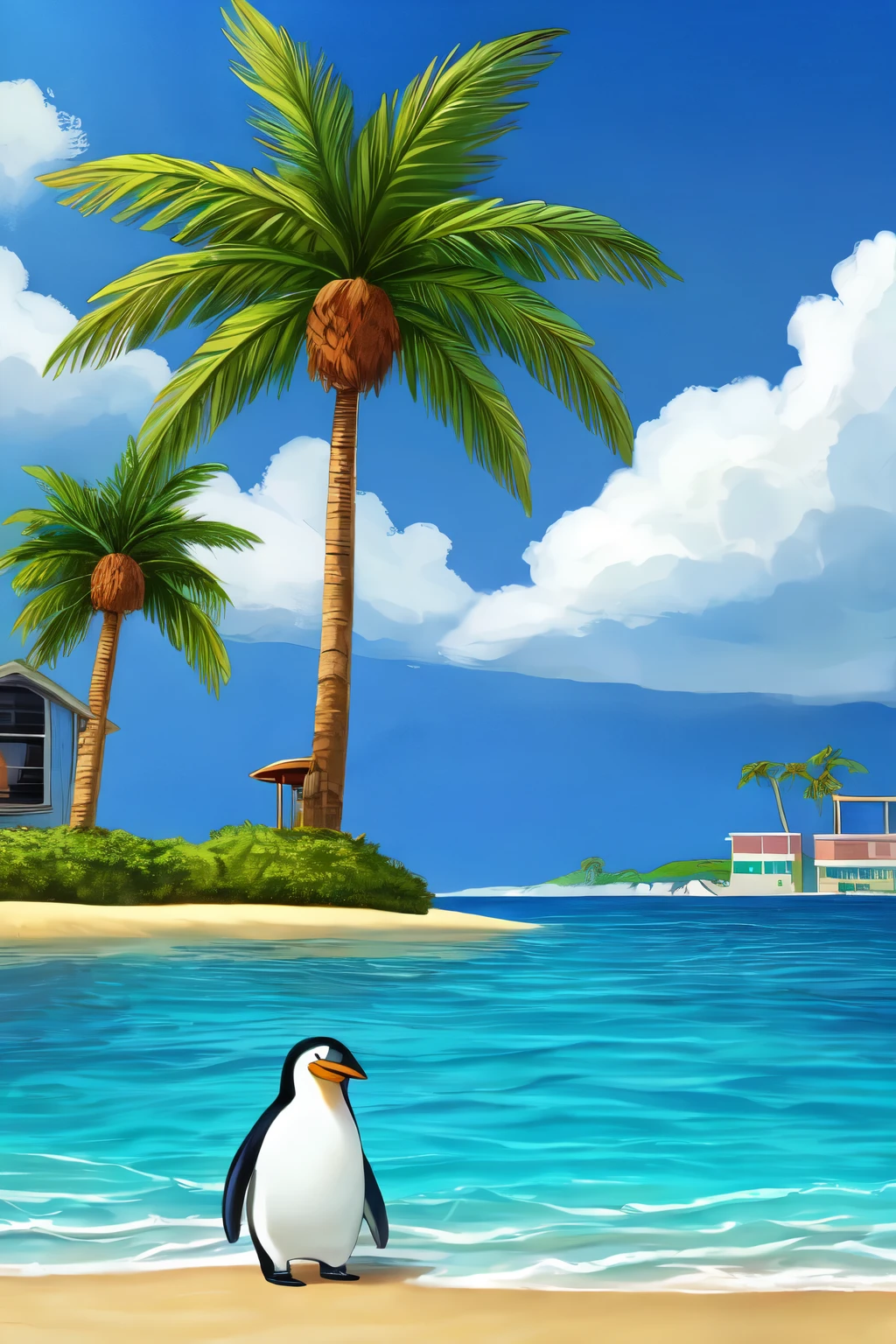 A penguin on an island with air conditioners and palm trees around it 
