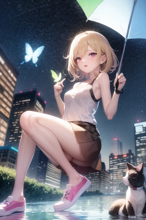 21 year old anime girl with blonde hair and red eyes wearing a short brown skirt with a white tank top in an urban landscape with a cat on her shoulder and a night landscape with neon lights on the buildings and playing with a butterfly and holding an umbrella and rainbow in the background and jumping in a puddle of water