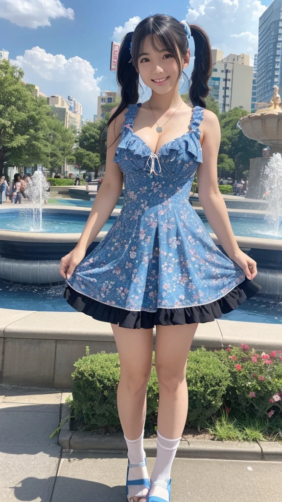 Japanese, high school girl, brown eyes, smiling face, young face, black hair, twin tails, blue ribbon hair ornament, cleavage, necklace, floral short-sleeved one-piece dress, cleavage, necklace, blue miniskirt, black socks, blue sandals, blue sky and white cumulonimbus clouds, standing in front of the fountain square, view of the entertainment district, promenade, nostalgic view, summer view, gravure photo shoot