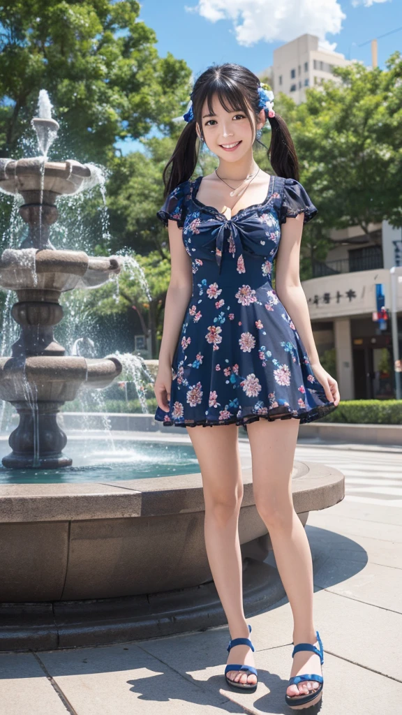 Japanese, high school girl, brown eyes, smiling face, young face, black hair, twin tails, blue ribbon hair ornament, cleavage, necklace, floral short-sleeved one-piece dress, cleavage, necklace, blue miniskirt, black socks, blue sandals, blue sky and white cumulonimbus clouds, standing in front of the fountain square, view of the entertainment district, promenade, nostalgic view, summer view, gravure photo shoot