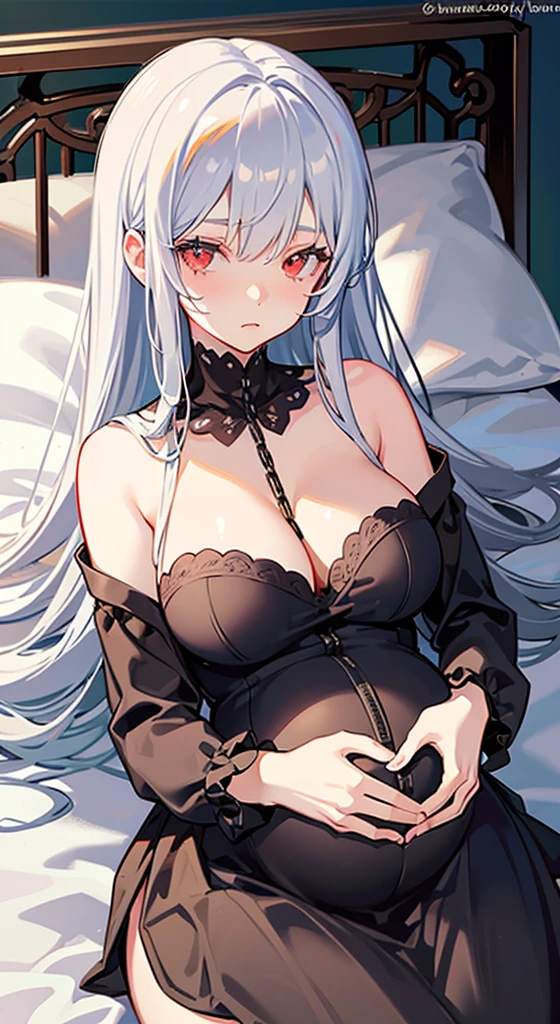 one pregnant anime girl with white hair and red eyes, chained and laying on a bed. Sad. breast feeding